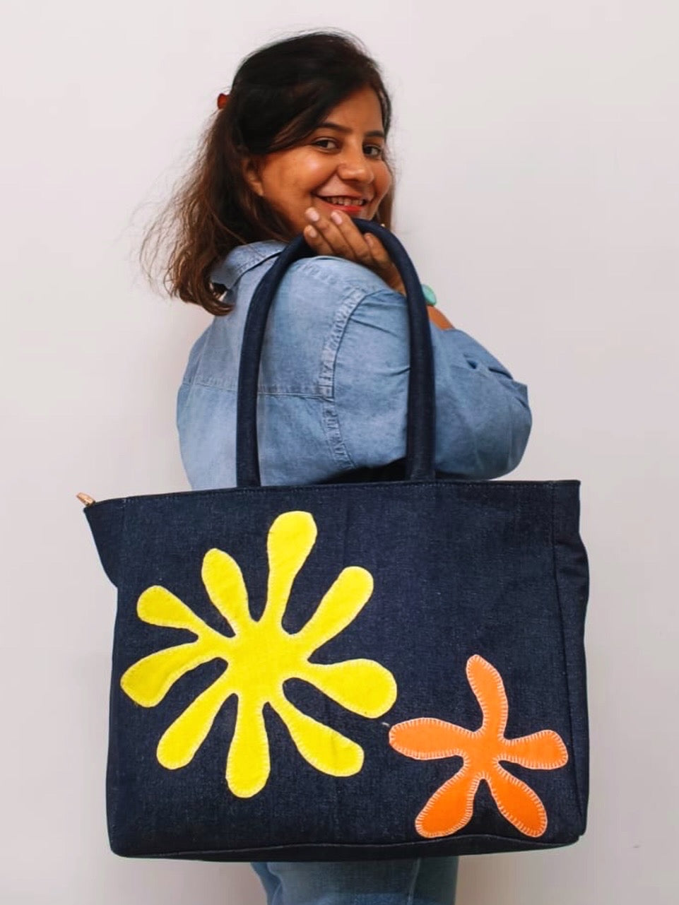 Denim Floral Appliqué Tote