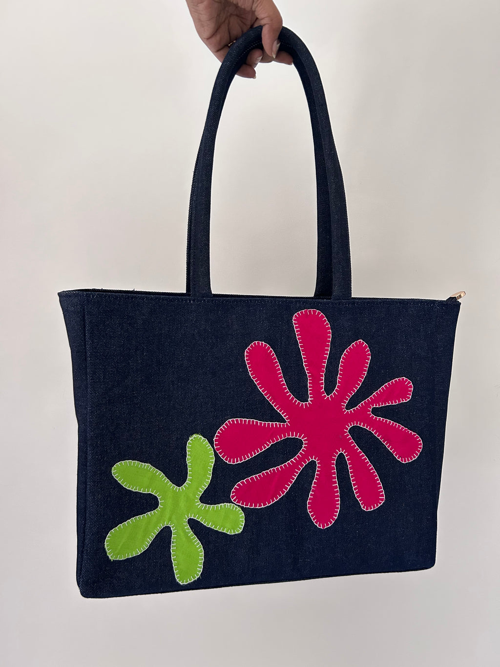Denim Floral Appliqué Tote
